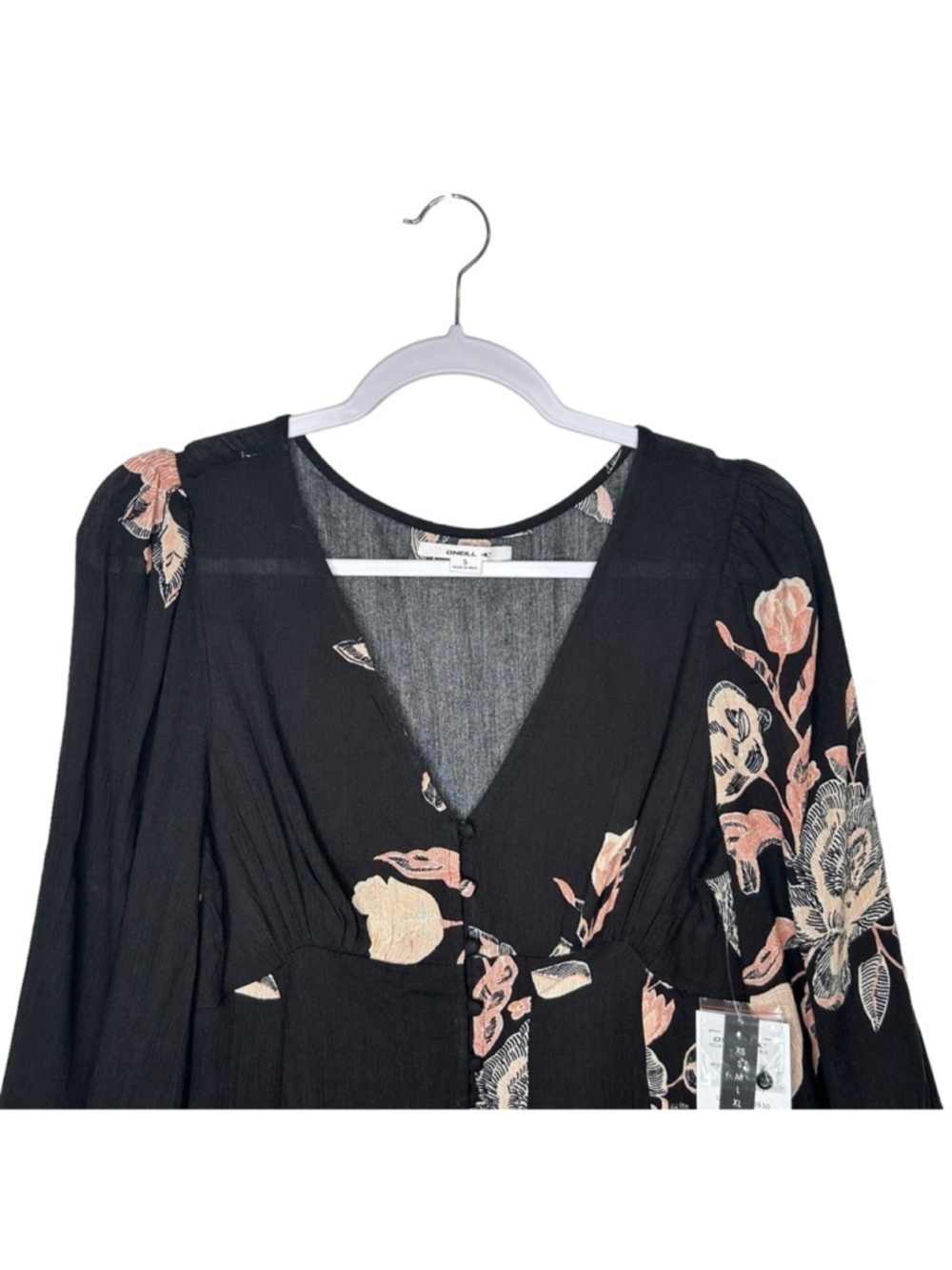 O'NEILL Juniors' Black Floral Printed Marylou Long Sleeve Mini Dress Size Small - Picture 3 of 12